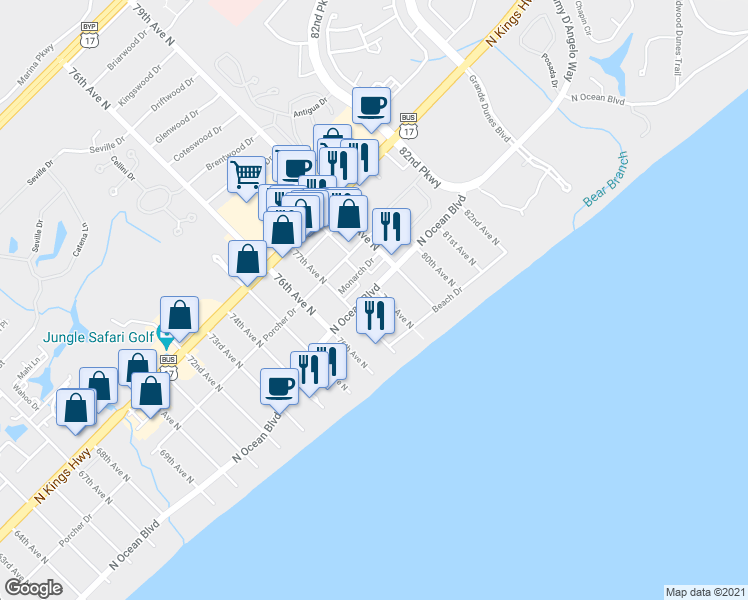 map of restaurants, bars, coffee shops, grocery stores, and more near 215 78th Avenue North in Myrtle Beach