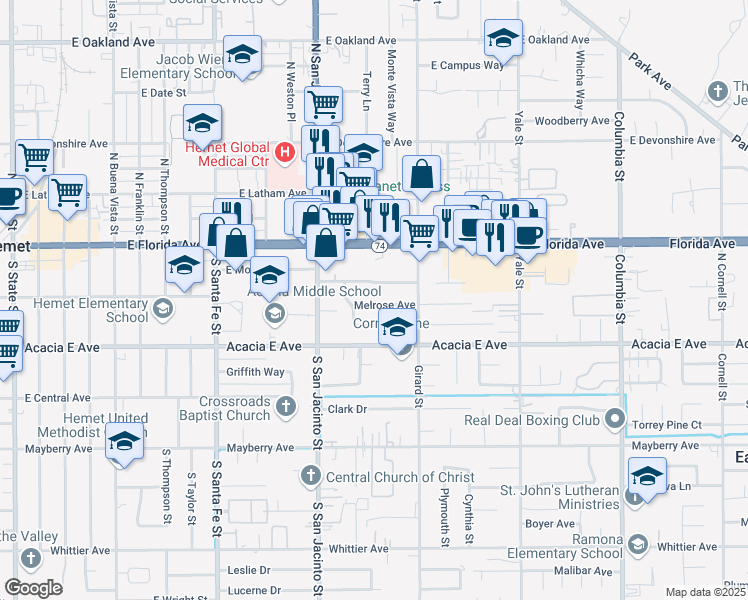 map of restaurants, bars, coffee shops, grocery stores, and more near 40388 Melrose Avenue in Hemet