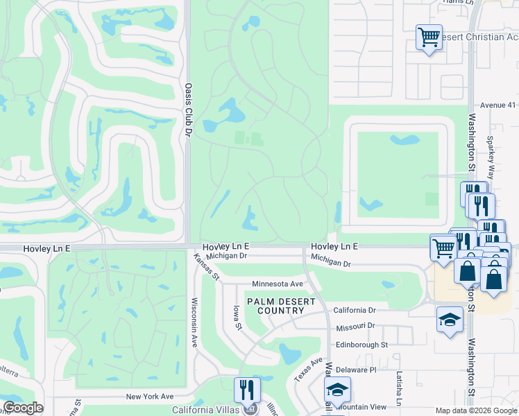 map of restaurants, bars, coffee shops, grocery stores, and more near 41774 Resorter Boulevard in Palm Desert