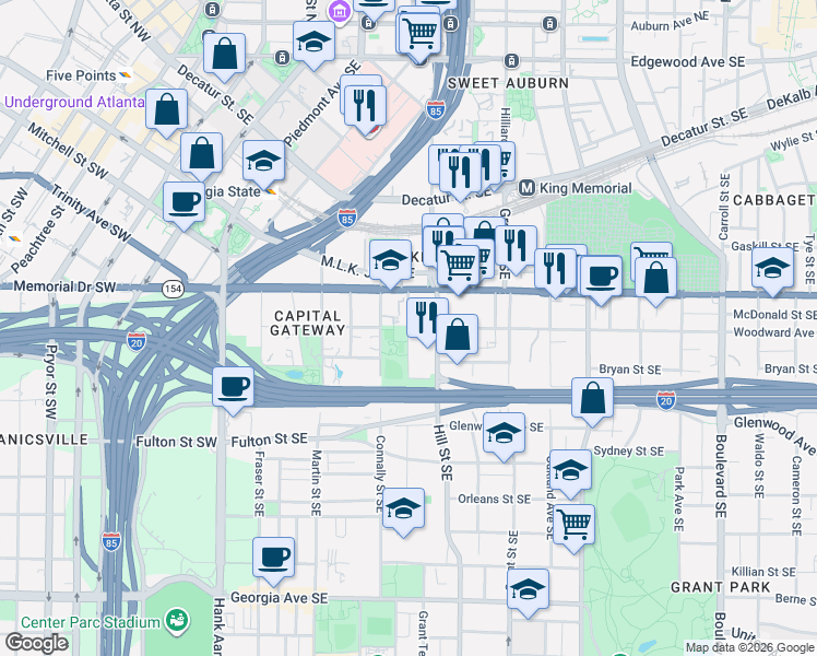 map of restaurants, bars, coffee shops, grocery stores, and more near Woodward Ave SE & Kelly St SE in Atlanta