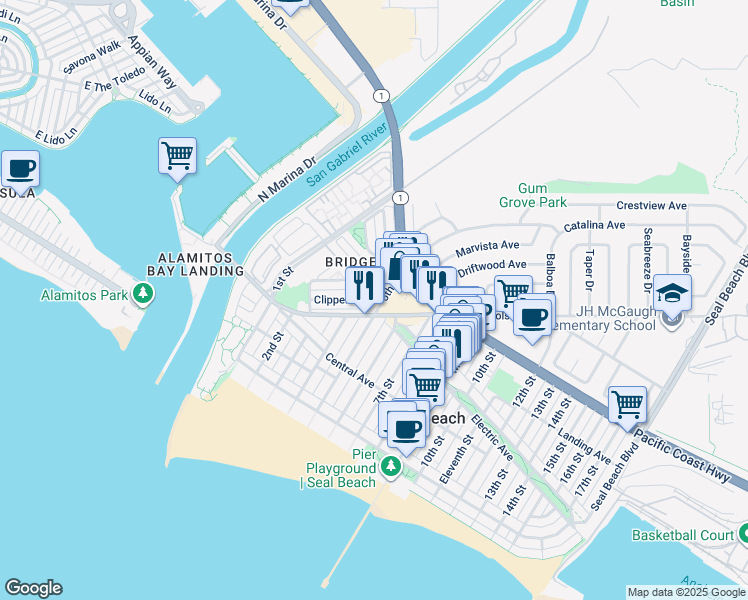 map of restaurants, bars, coffee shops, grocery stores, and more near in Seal Beach