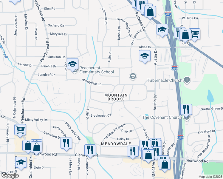 map of restaurants, bars, coffee shops, grocery stores, and more near 3992 Brookcrest Circle in Decatur