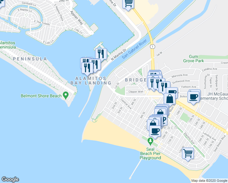 map of restaurants, bars, coffee shops, grocery stores, and more near Marina Dr & 1st St in Seal Beach