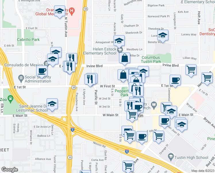 map of restaurants, bars, coffee shops, grocery stores, and more near 438 West First Street in Tustin