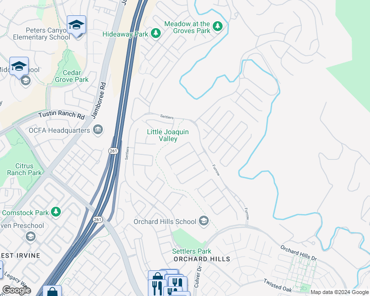 map of restaurants, bars, coffee shops, grocery stores, and more near 106 Quiet Place in Irvine