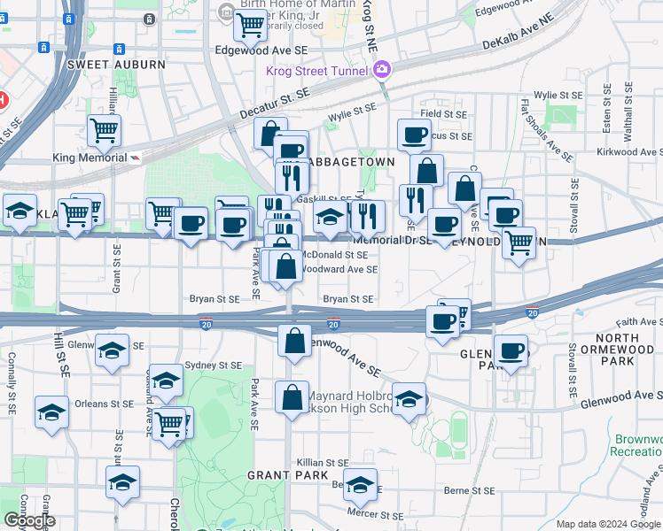 map of restaurants, bars, coffee shops, grocery stores, and more near 652 Woodward Avenue Southeast in Atlanta