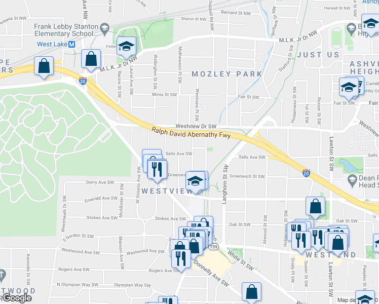 map of restaurants, bars, coffee shops, grocery stores, and more near 349 Altoona Place Southwest in Atlanta