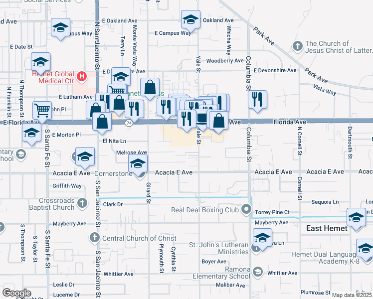 map of restaurants, bars, coffee shops, grocery stores, and more near 241 Yale Street in Hemet