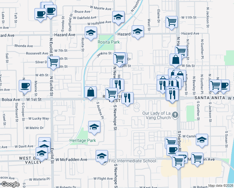 map of restaurants, bars, coffee shops, grocery stores, and more near 4421 West 1st Street in Santa Ana