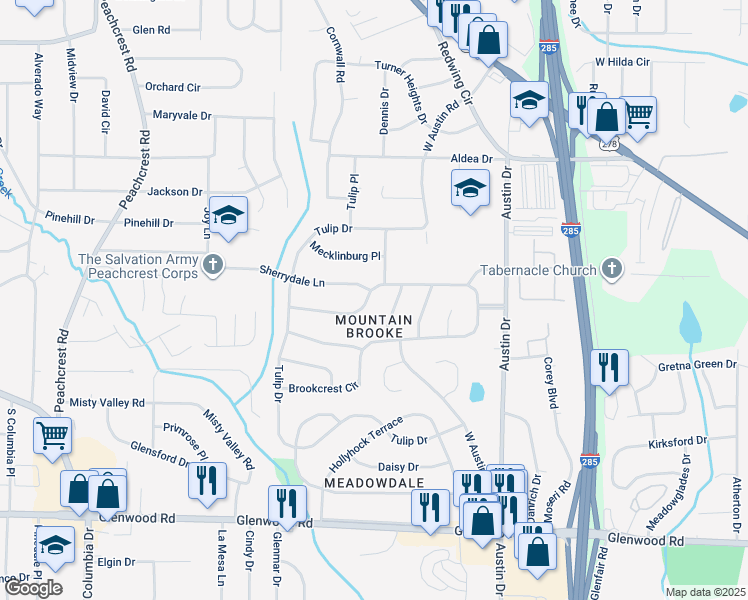 map of restaurants, bars, coffee shops, grocery stores, and more near 3986 Brookcrest Circle in Decatur