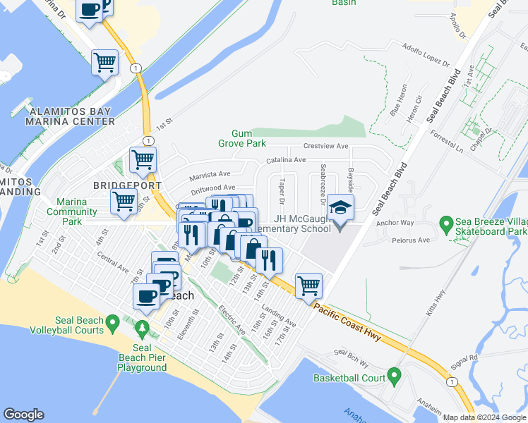 map of restaurants, bars, coffee shops, grocery stores, and more near 609 Southshore Drive in Seal Beach