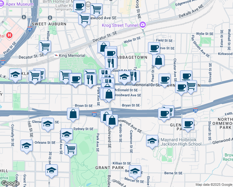 map of restaurants, bars, coffee shops, grocery stores, and more near 620 Woodward Avenue Southeast in Atlanta