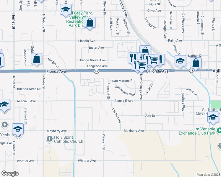 map of restaurants, bars, coffee shops, grocery stores, and more near 25894 Pleasant Street in Hemet