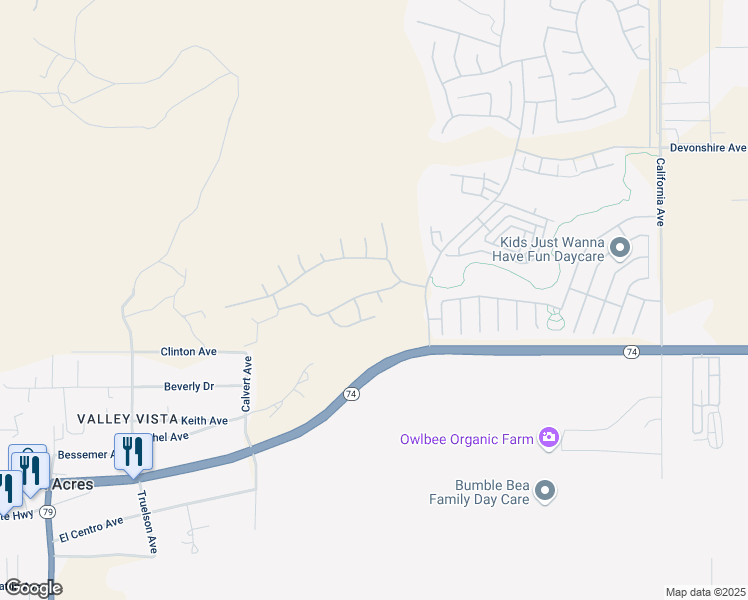 map of restaurants, bars, coffee shops, grocery stores, and more near 141 Mccarron Way in Hemet