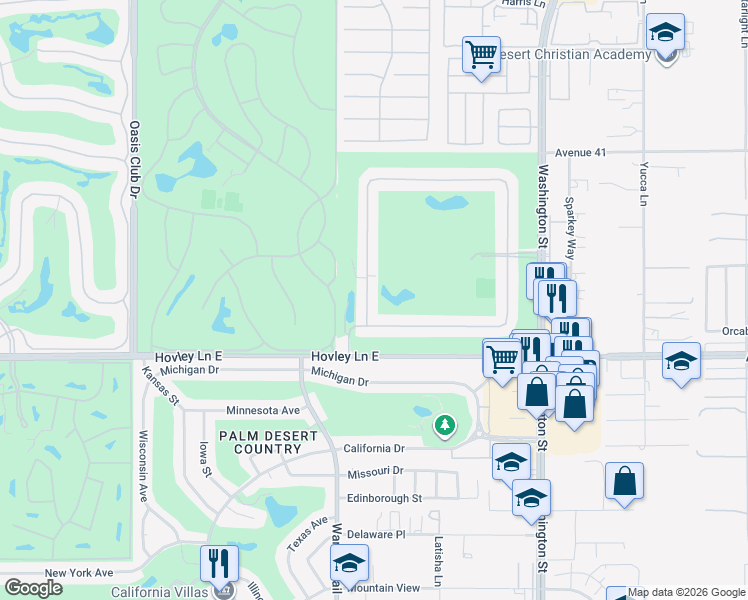 map of restaurants, bars, coffee shops, grocery stores, and more near 41690 Woodhaven Drive West in Palm Desert