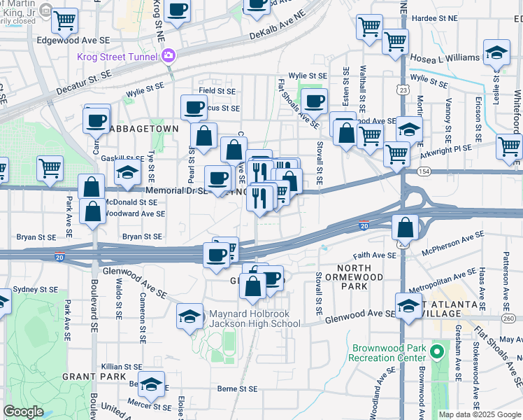 map of restaurants, bars, coffee shops, grocery stores, and more near 881 Memorial Drive Southeast in Atlanta