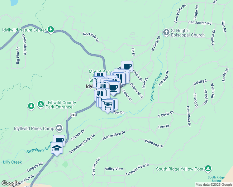 map of restaurants, bars, coffee shops, grocery stores, and more near 54325 North Circle Drive in Idyllwild-Pine Cove