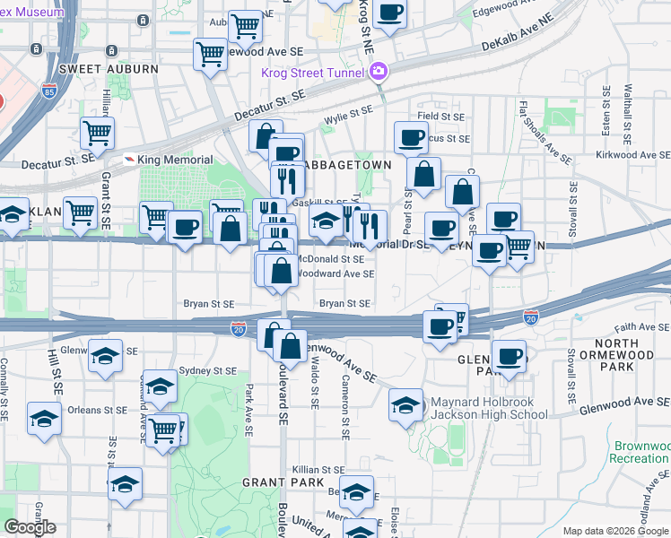 map of restaurants, bars, coffee shops, grocery stores, and more near 664 Woodward Avenue Southeast in Atlanta