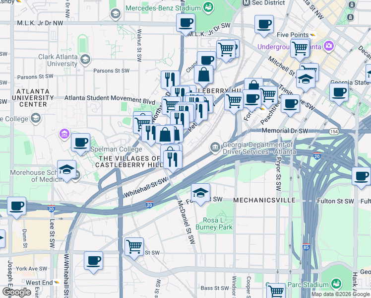 map of restaurants, bars, coffee shops, grocery stores, and more near 320 Peters Street Southwest in Atlanta