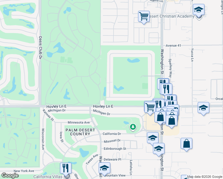 map of restaurants, bars, coffee shops, grocery stores, and more near 41690 Woodhaven Drive West in Palm Desert