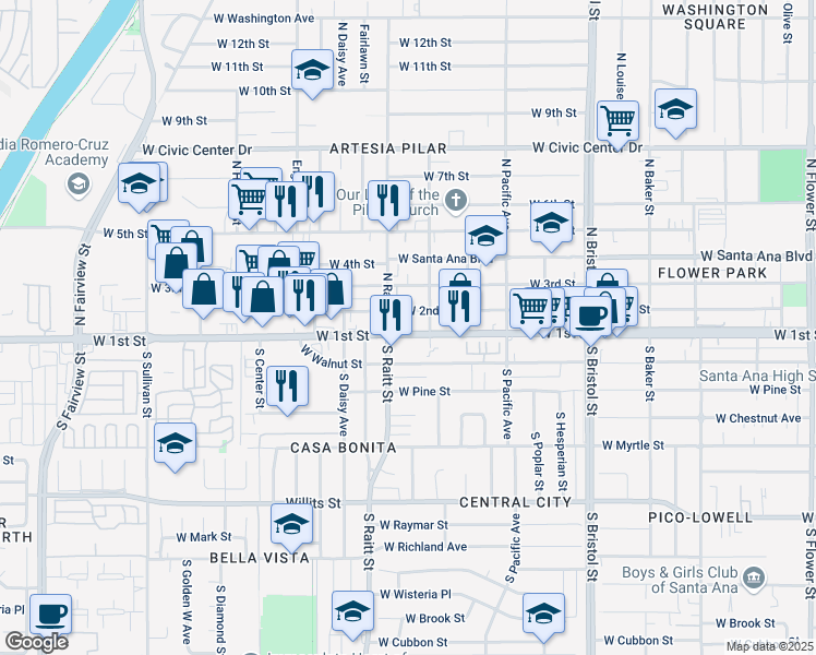 map of restaurants, bars, coffee shops, grocery stores, and more near 1715 West 1st Street in Santa Ana