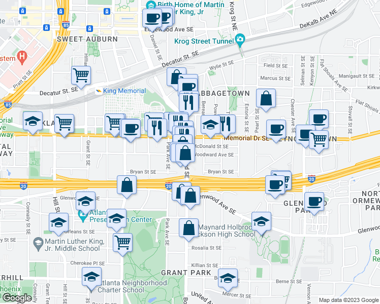 map of restaurants, bars, coffee shops, grocery stores, and more near 600 Woodward Avenue Southeast in Atlanta