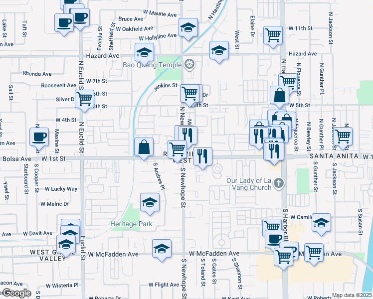 map of restaurants, bars, coffee shops, grocery stores, and more near 4421 West 1st Street in Santa Ana