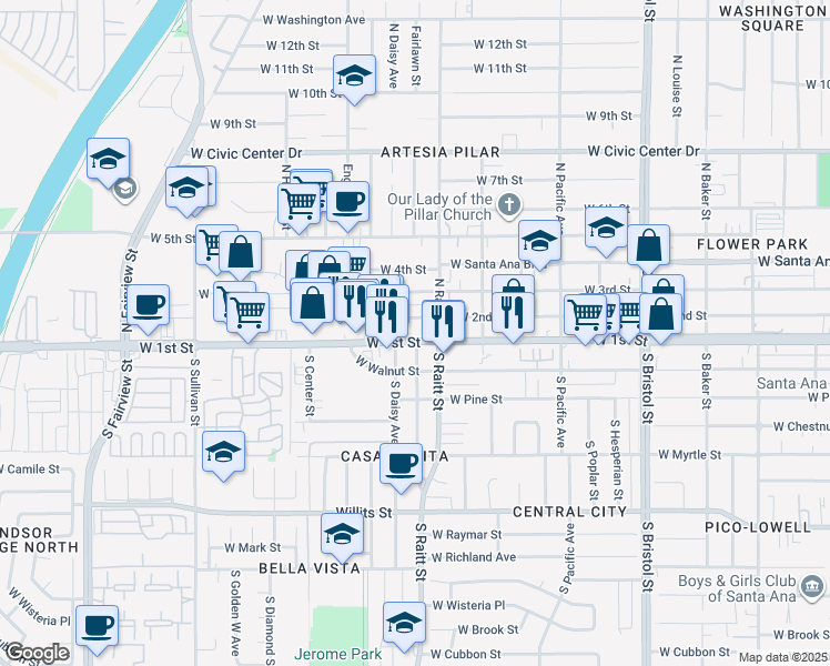 map of restaurants, bars, coffee shops, grocery stores, and more near 1819 West 1st Street in Santa Ana