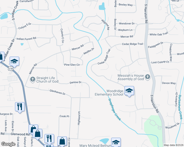 map of restaurants, bars, coffee shops, grocery stores, and more near 4374 Cedar Ridge Trail in Stone Mountain