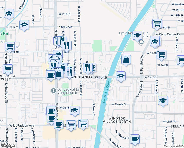 map of restaurants, bars, coffee shops, grocery stores, and more near 112 North Susan Street in Santa Ana