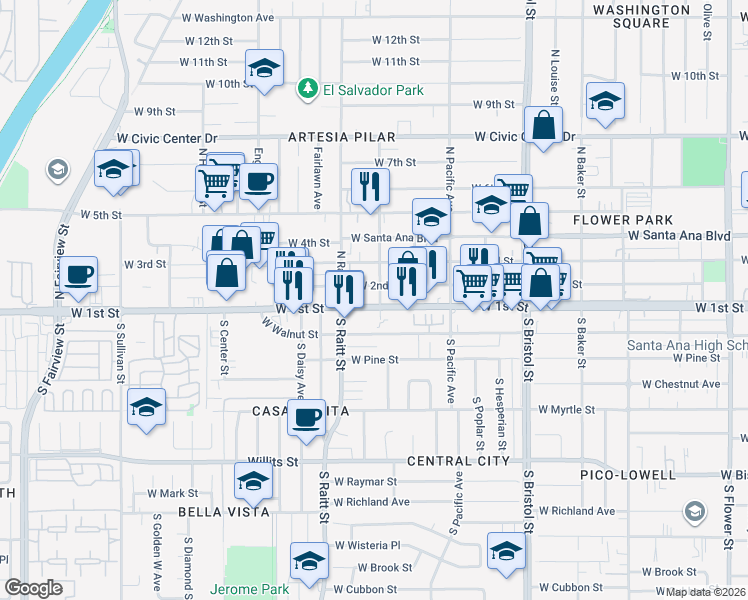 map of restaurants, bars, coffee shops, grocery stores, and more near 1645 West 1st Street in Santa Ana