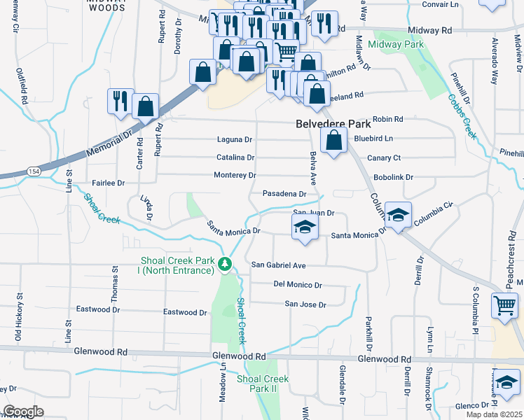 map of restaurants, bars, coffee shops, grocery stores, and more near in Belvedere Park