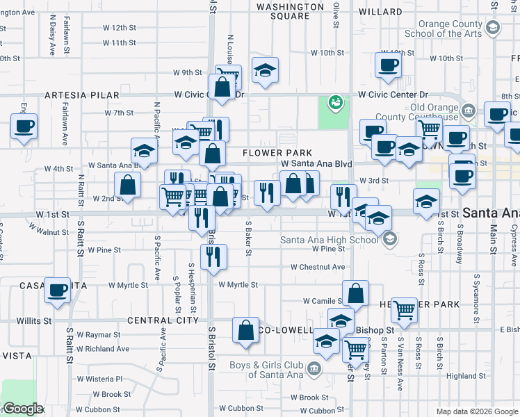 map of restaurants, bars, coffee shops, grocery stores, and more near 1131 West 1st Street in Santa Ana