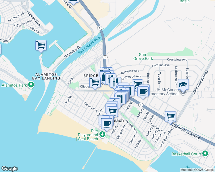 map of restaurants, bars, coffee shops, grocery stores, and more near 620 Pacific Coast Highway in Seal Beach