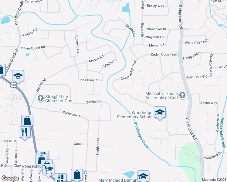 map of restaurants, bars, coffee shops, grocery stores, and more near 4374 Cedar Ridge Trail in Stone Mountain