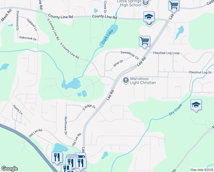 map of restaurants, bars, coffee shops, grocery stores, and more near 2174 Lee Road in Lithia Springs