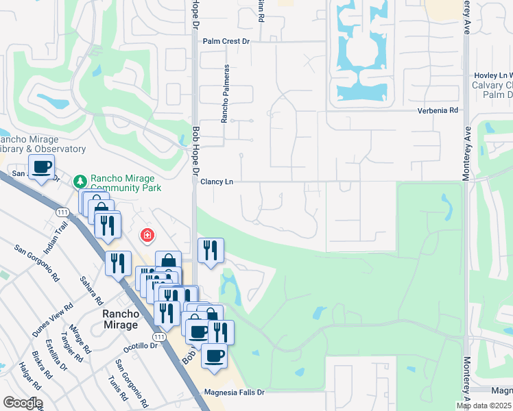 map of restaurants, bars, coffee shops, grocery stores, and more near 3 Clancy Lane South in Rancho Mirage