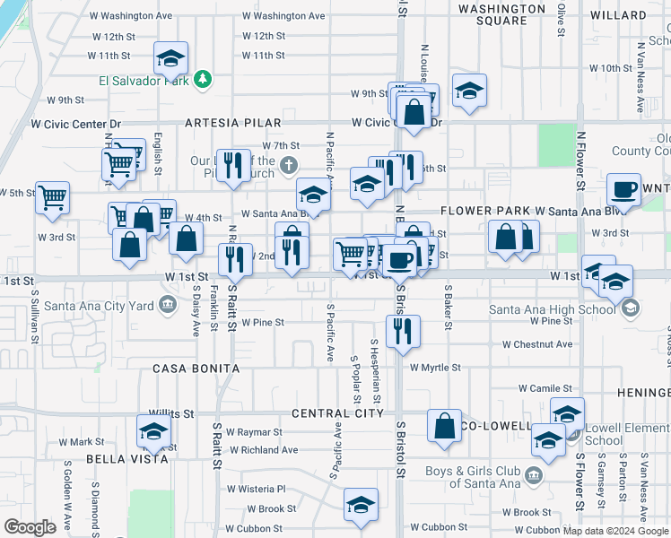 map of restaurants, bars, coffee shops, grocery stores, and more near 1435 West 1st Street in Santa Ana