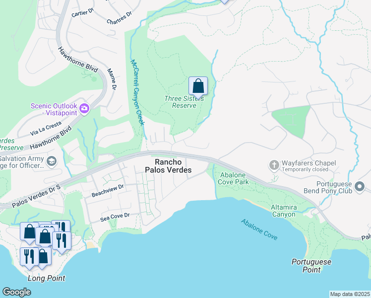 map of restaurants, bars, coffee shops, grocery stores, and more near 6180 Arrowroot Lane in Rancho Palos Verdes