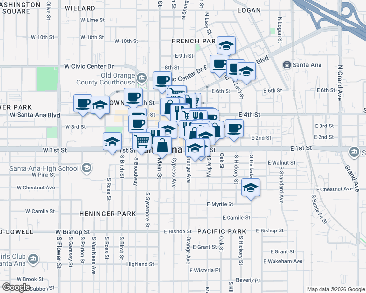 map of restaurants, bars, coffee shops, grocery stores, and more near 243 East First Street in Santa Ana