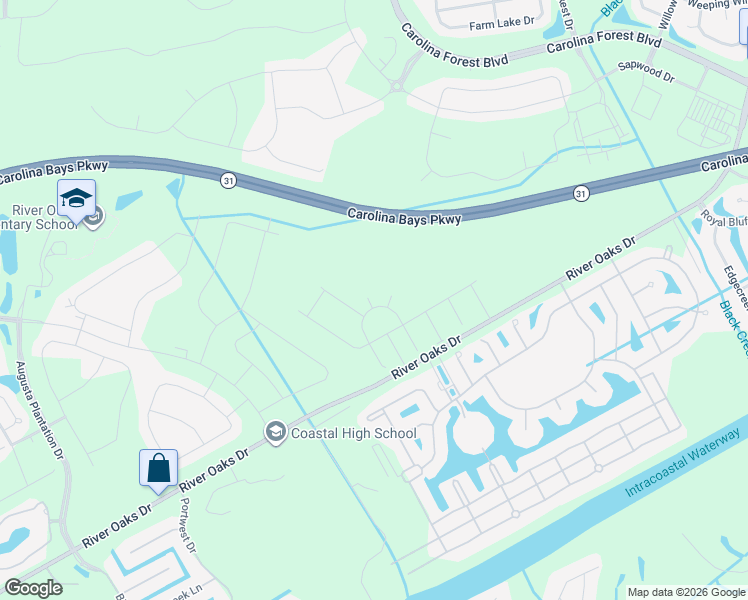 map of restaurants, bars, coffee shops, grocery stores, and more near River Oaks Drive in Myrtle Beach