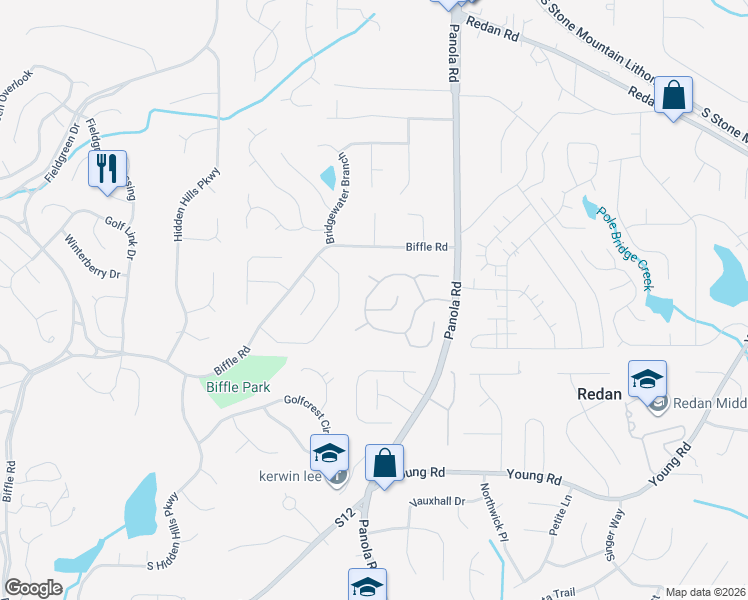 map of restaurants, bars, coffee shops, grocery stores, and more near 5339 Biffle Downs Road in Stone Mountain