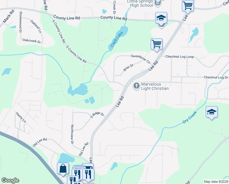map of restaurants, bars, coffee shops, grocery stores, and more near 2219 Lee Road in Lithia Springs