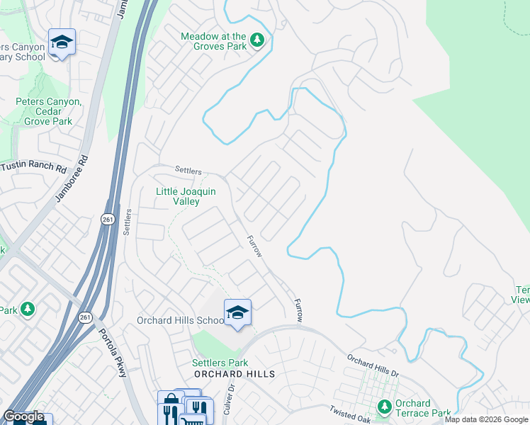 map of restaurants, bars, coffee shops, grocery stores, and more near Furrow in Irvine