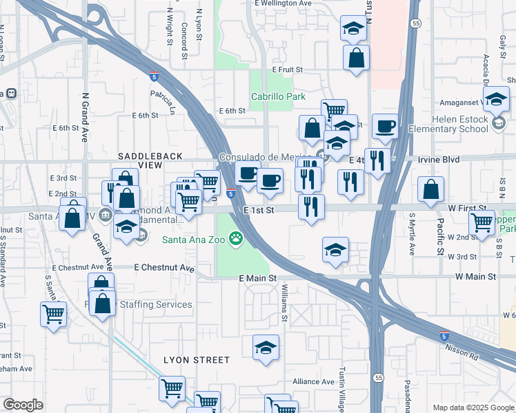 map of restaurants, bars, coffee shops, grocery stores, and more near 1800 East First Street in Santa Ana