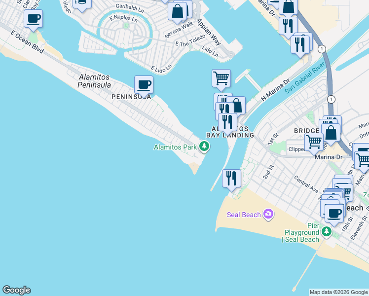 map of restaurants, bars, coffee shops, grocery stores, and more near 6915 East Seaside Walk in Long Beach