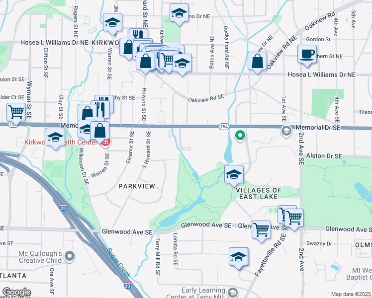 map of restaurants, bars, coffee shops, grocery stores, and more near 2035 Memorial Drive Southeast in Atlanta
