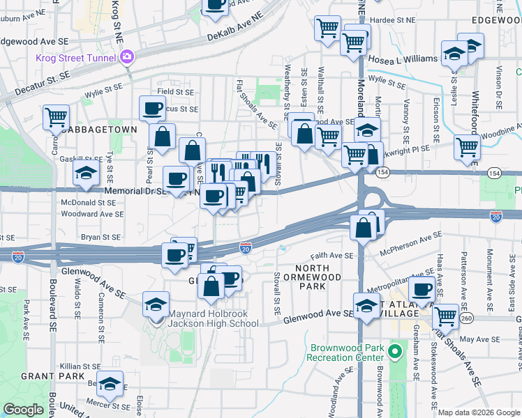 map of restaurants, bars, coffee shops, grocery stores, and more near 300 Gibson Street Southeast in Atlanta