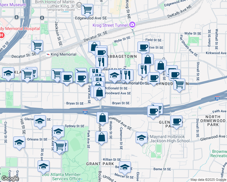 map of restaurants, bars, coffee shops, grocery stores, and more near 644 Woodward Avenue Southeast in Atlanta