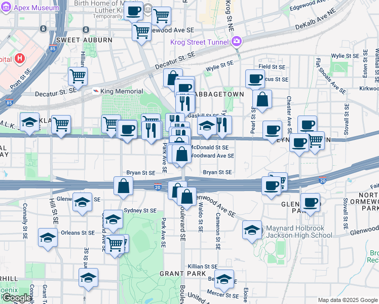 map of restaurants, bars, coffee shops, grocery stores, and more near 610 Woodward Avenue Southeast in Atlanta